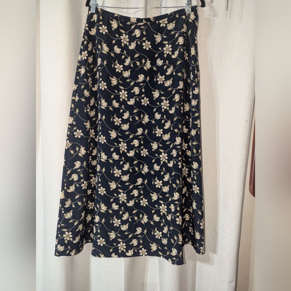 Vintage Navy Blue And Cream Romantic Floral Maxi Skirt
